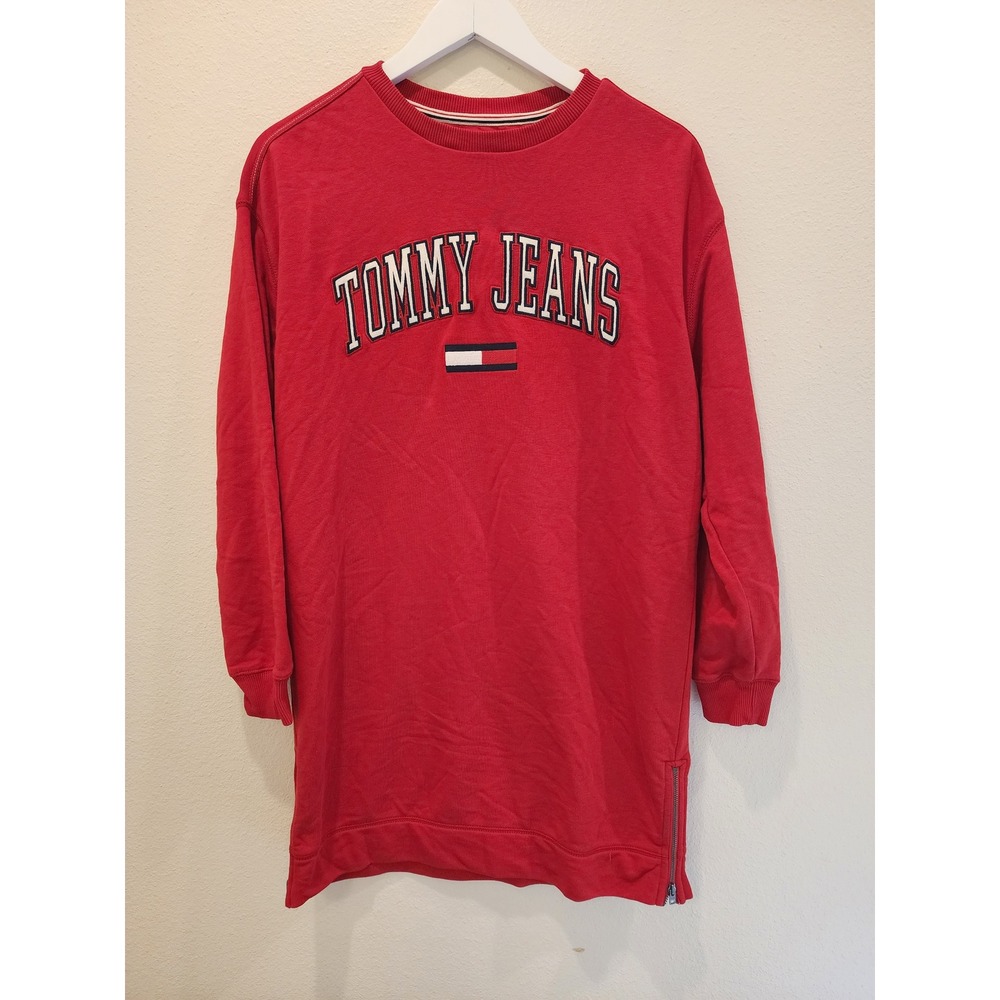 Tommy Jeans Womens XS Red Logo Oversized Sweatshirt Dress Side Zip Pullover - Picture 1 of 6
